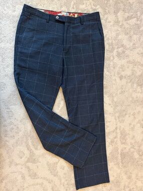 Paisley & Gray Navy Plaid Slim Fit Dress Pants with Yellow Trim